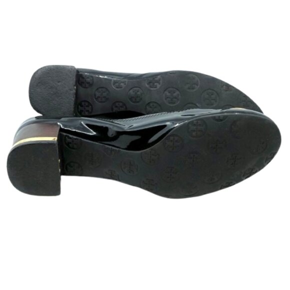 TORY BURCH~Amy Mid-Heel~STACKED PUMP~BLACK PATENT LEATHER GOLD HEEL SIZE 9M - Picture 5 of 7